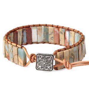 🍉NWT Handmade Unisex BOHO Multicolor Natural Stone Leather Adjustable Bracelet